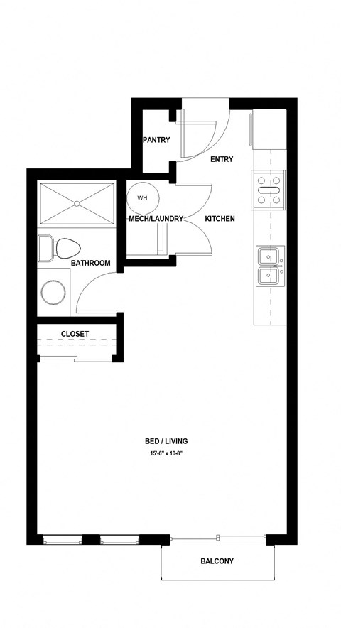 Floor plan for studio, 1 bath, 500 sqft
